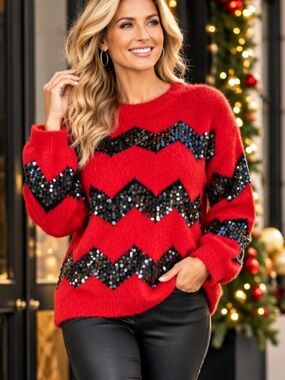 Jaclyn Smith Red Black Sequin Fuzzy Sweater Size L NWOT
